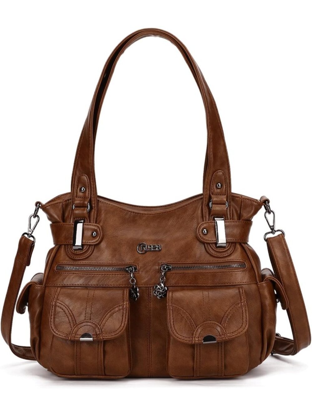 Women's 03 Brown PU Leather Multi-Pocket Hobo Tote Handbag Shoulder Bag